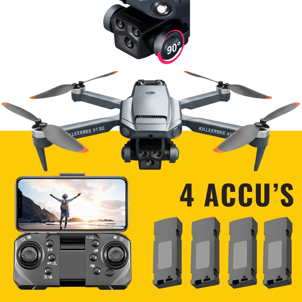 Killerbee X1 SE Sky Predator - Drone met dubbele camera - geschikt voor kinderen en volwassenen - Brushless motoren - Ultra Fly More Combo - 48 minuten vliegtijd - Inclusief tas en 4 accu’s !!
