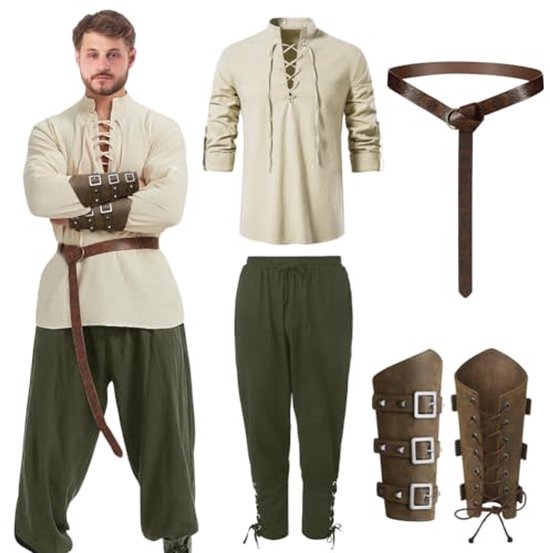 Set de costumes médiévaux Renaissance pour hommes - Tenue de style Viking et victorien avec chemise, pantalon, ceinture et accessoires