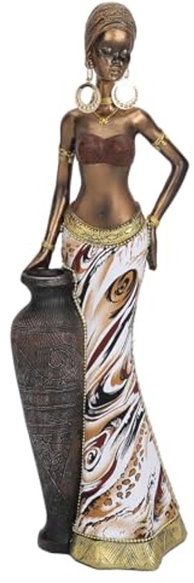 Home&Deco Gehurkte Afrikaanse dame met pot op haar hoofd en spiegel jurk-25x14x14cm-1 stuks