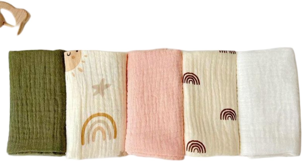 Image of 5-pack baby mousseline gezichtshanddoeken - pasgeboren handdoekset - 25 x 25 cm gezichts- en badhanddoeken - herbruikbare baby gezichtshanddoeken - 100% katoen - zacht en ademend - stijl L