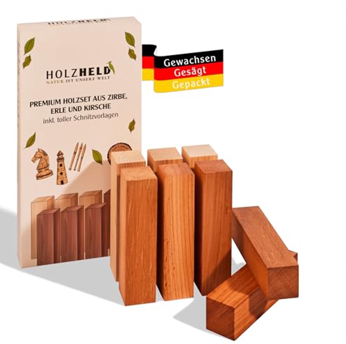 10-delige set hoogwaardig houtsnijhout - Arven, Elzenhout en Europese Kers - Onbewerkt hout voor houtsnijwerk en cadeau