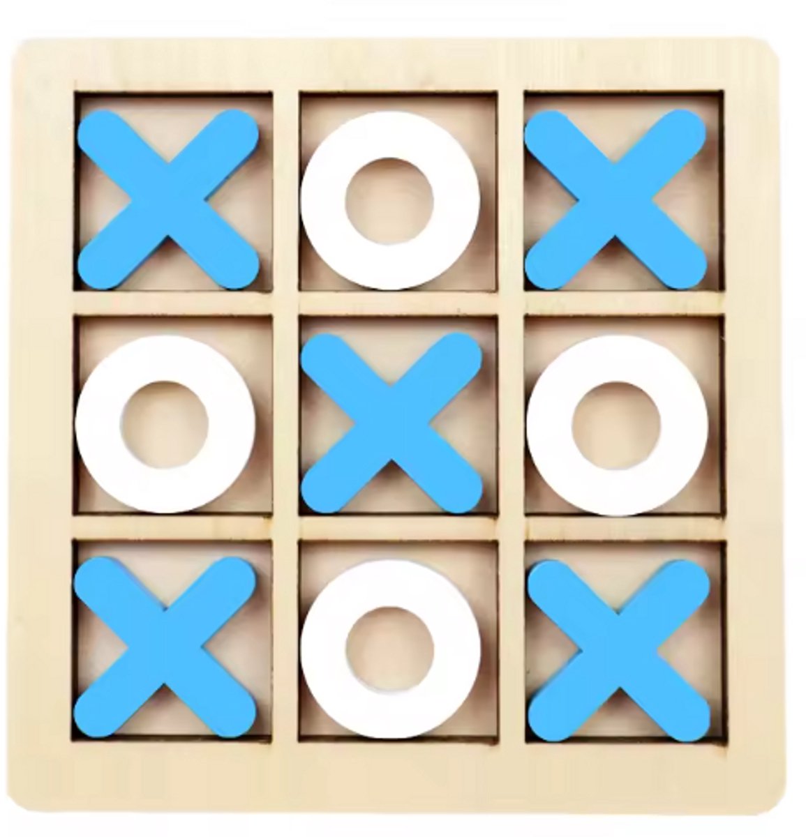 Klein Houten Tic Tac Toe Spel – 9,8x9,8 cm - Schoenkado - Educatief Reisspel – Boter Kaas en Eieren – Blauw/Wit – Sint & Kerst Cadeau - Hoge Kwaliteit - Leerzaam - Duurzaam