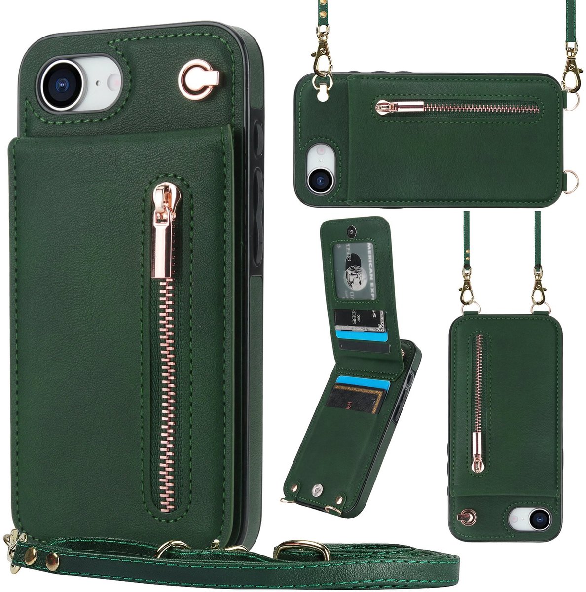 Geschikt Voor iPhone 17e / 16e Hoesje Met Koord - Solidenz Portemonnee - Telefoonhoesje Met Koord - Wallet Case - Cover Hoes Met Koordje - Backcover Met Koord - Groen