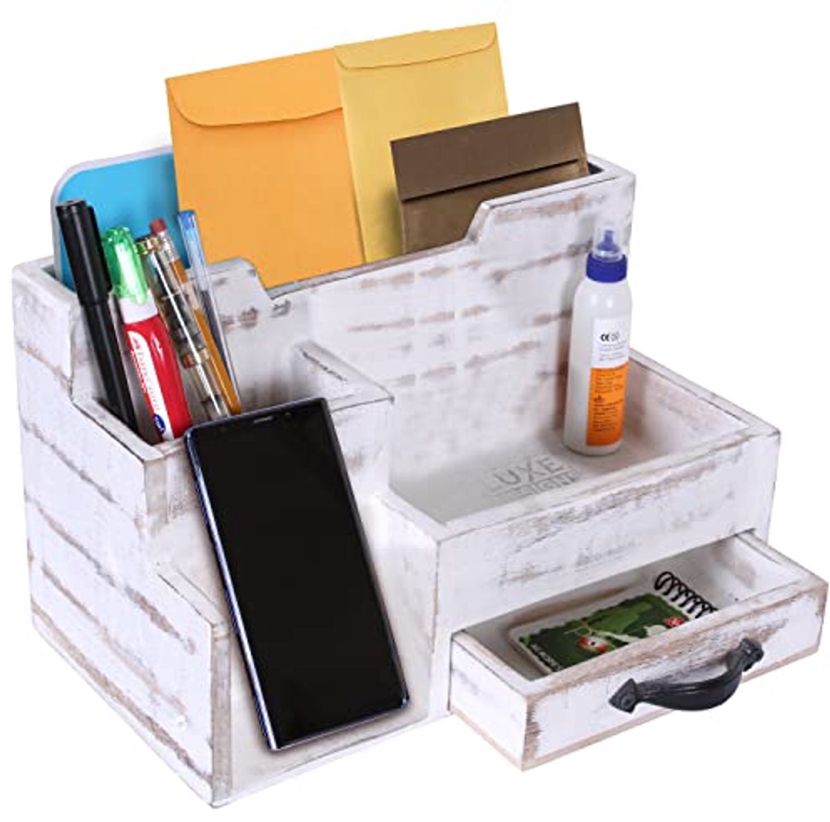 Rustieke houten bureau-organizer met compartimenten en bonusvakantieblokken