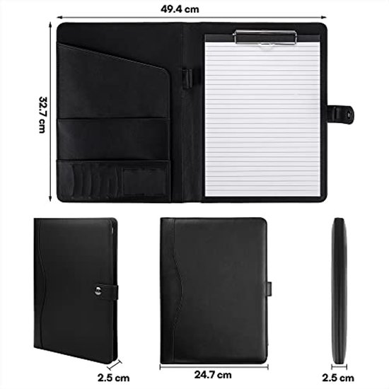 Arpan A4 Conference Folder with Handle Ring Binder Folio with Zipper Soft Padded Cover - Black
