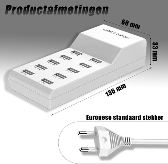 longziming Multi USB Charger 10-poorts - Snelle Oplader - voor Meerdere Apparaten - USB Oplader - Smartphone - Automatische Detectietechnologie van longziming — afbeelding 4