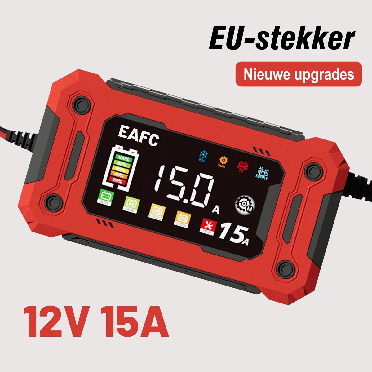 15 A 12 V autoacculader, 200 W oplader autoaccu, LCD-display acculader