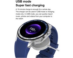 Knobbout 1.43 inch AMOLED-scherm met 3D-ontwerp Smartwatch - Slimme opnamefunctie- 4 GB interne opslag - MP4-video-ondersteuning - Nieuwste ATS3085S Gen 2-chipset - Ingebouwde kompasfunctie - Zilver staal+ bruin lederen + blauwe siliconen horlogeban