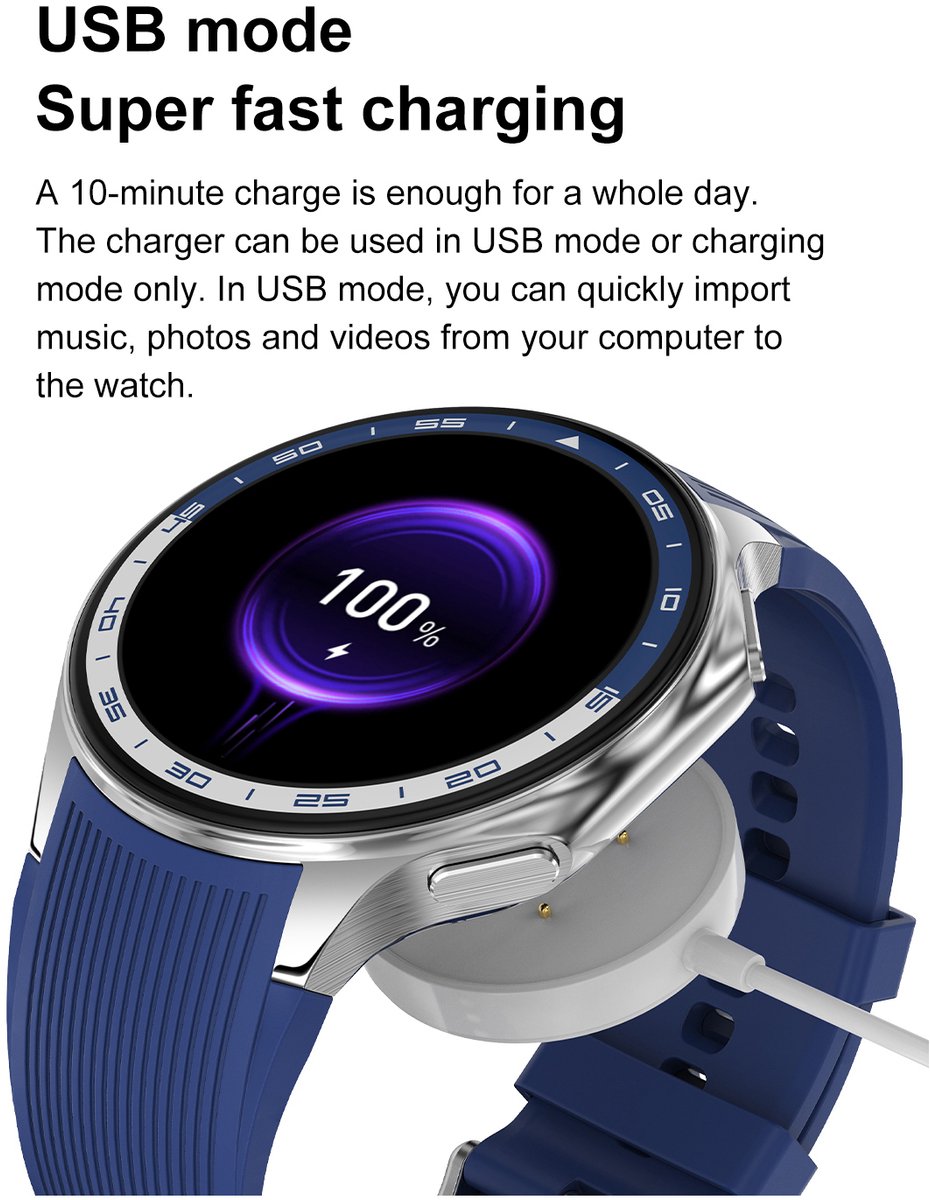Knobbout 1.43" Scherm AMOLED-scherm met 3D-ontwerp Smartwatch - Slimme opnamefunctie- 4 GB interne opslag - MP4-video-ondersteuning - Ingebouwde kompasfunctie - Zilver staal+ bruin lederen + blauwe siliconen horlogeban