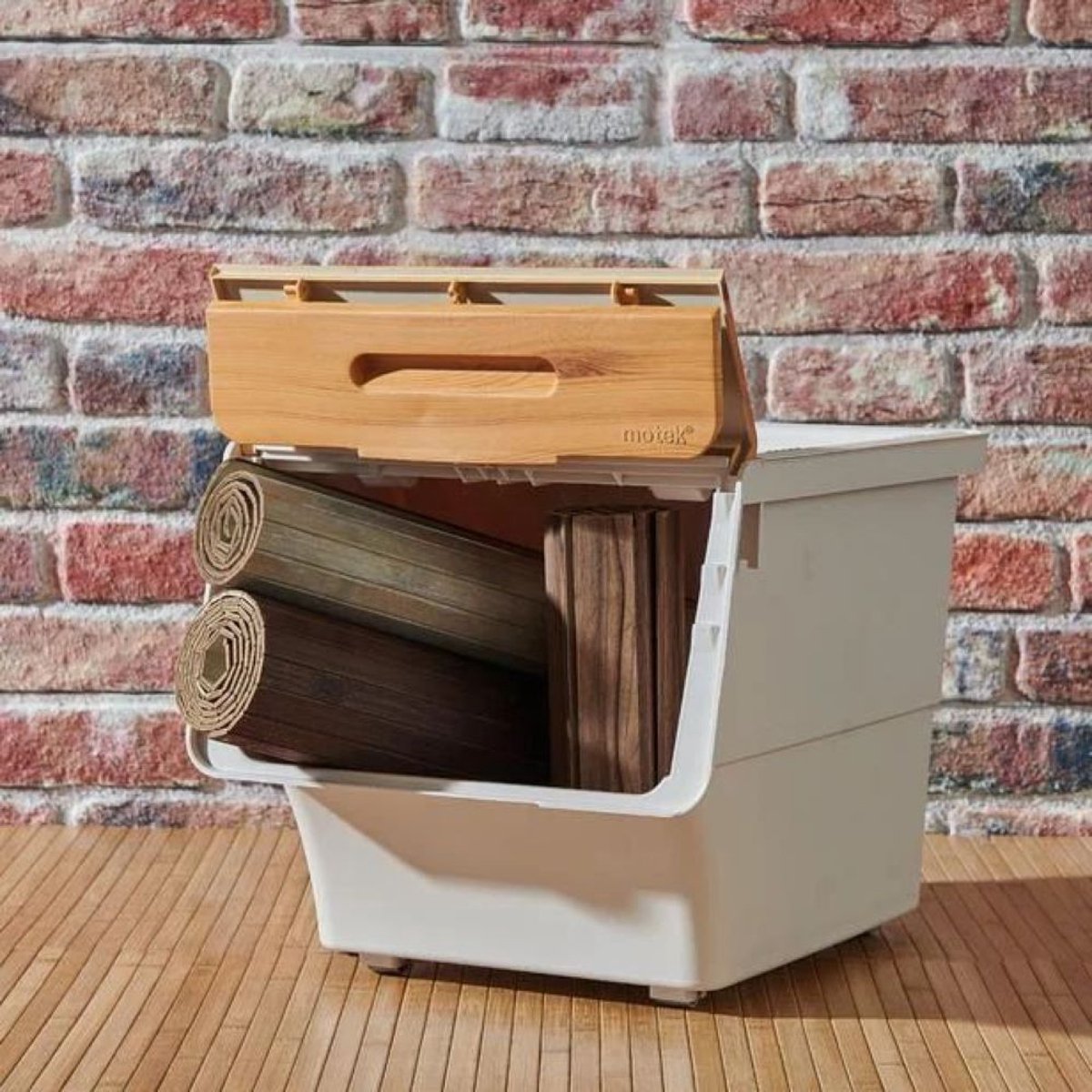 Motek® - Opbergbox - 12 L - Wielen - Opbergdoos - Opbergbox met deksel - Opbergboxen - Opbergmand - Opbergkist - Voorraadpotten - Aardappelbak - Bamboe
