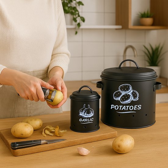 Twee zwarte voorraadpotten, gemarkeerd 'Garlic' en 'Potatoes', op een aanrecht. Op de voorgrond schilt iemand een aardappel.