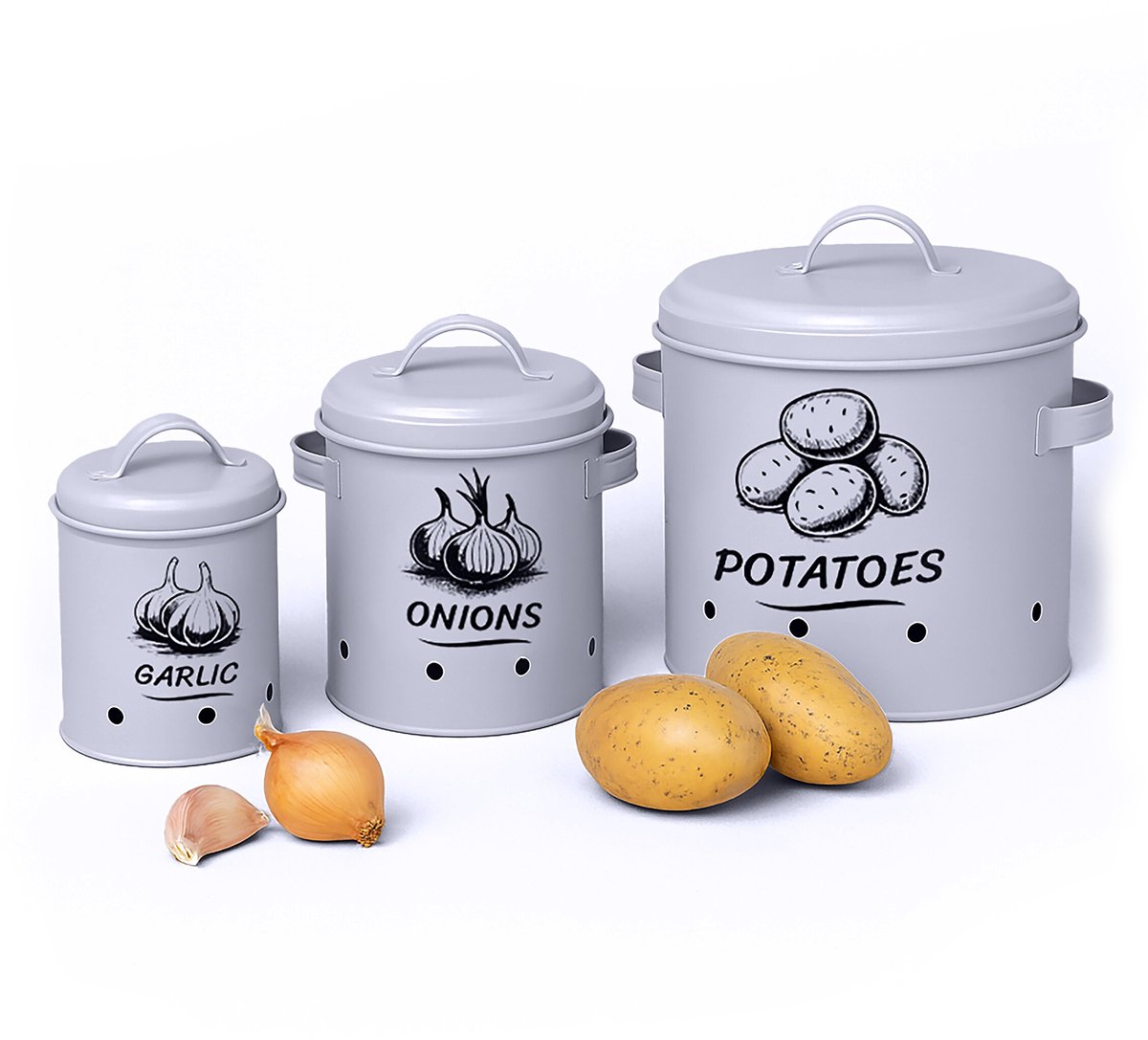 Uienpot - set van 3 - knoflookpot - metaal - grijs