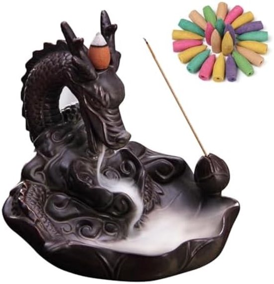 Brûle-encens à reflux en céramique Dragon avec effet cascade - Comprend 20 cônes d'encens à reflux pour la maison, le bureau, la Méditation et le Yoga - Décoration en céramique marron