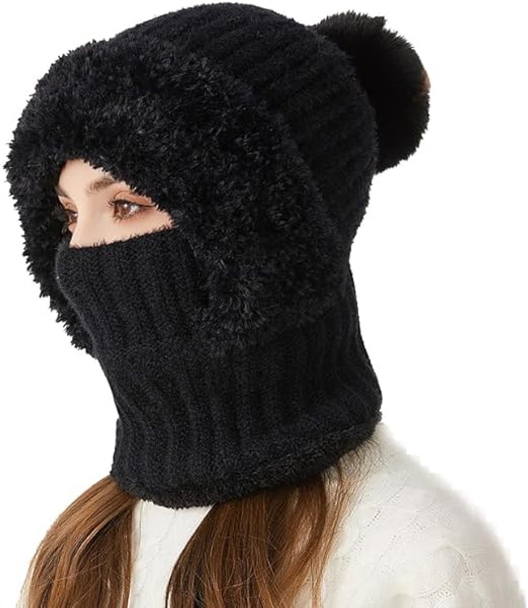 Mutsen - Gebreide mutsen voor dames - Winddichte sjaalmutsen voor buiten - Winddichte warme sjaalmutsen voor herfst en winter - Winddichte nekwarmer voor dames met gezichtsmasker - Wintermutsen voor dames - Zwart