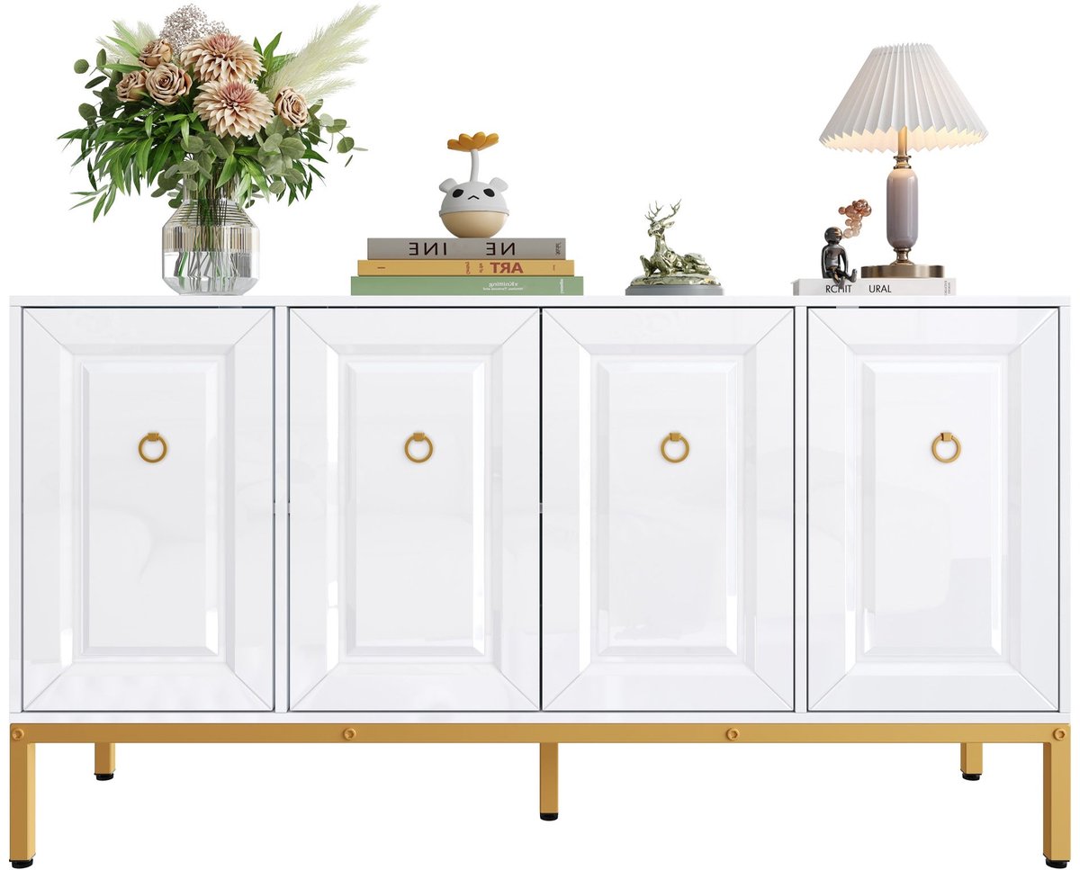 Merax Dressoir - Hoogglans Wit Opbergkast met Gouden Handgrepen en Poten - 140x80x40cm