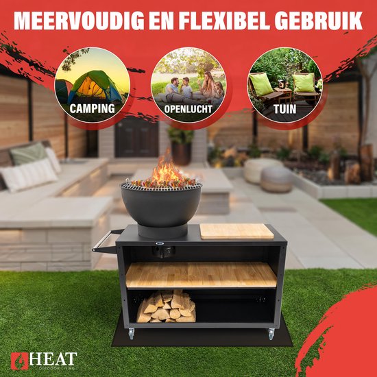 HEAT Buitenkeuken Trolley Zwart - Vuurschaal 60 cm - Mobiele BBQ & Plancha met Snijplank - 117x46x106 cm van HEAT — afbeelding 4