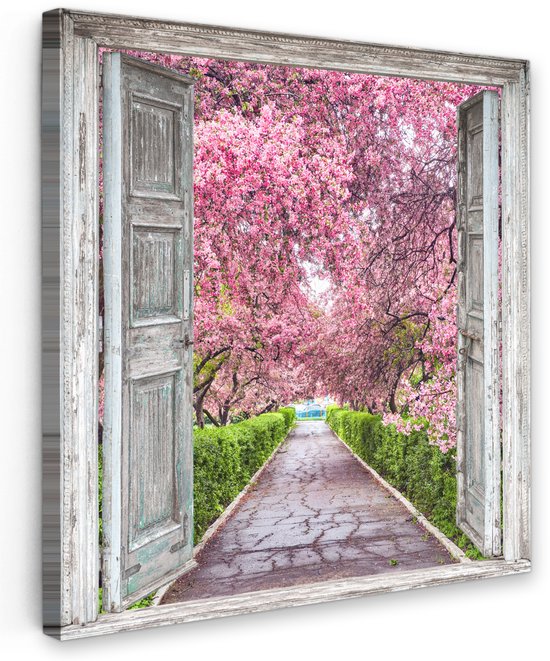 Tuinschilderij voor buiten 80x80 cm - Tuindecoratie Sakura - Doorkijk - Boom - Kersenbloesem - Tuinposter op canvas - Tuin muurdecoratie - Buitenschilderij decoratie - Schutting wanddecoratie - Buitencanvas