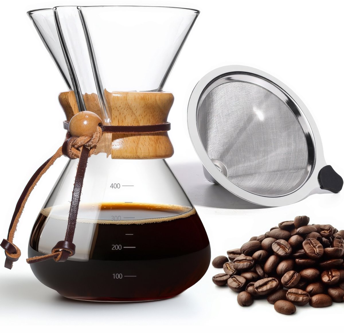 Pour Over Koffiepot met Permanent RVS koffiefilter - Slow Coffee Maker Kit - Glazen Cafetière - Koffekan Drip Gieter - Dripper Koffiemaker - Handmatig Filterkoffie koffiezetapparaat met Herbruikbaar Koffie Filter - Koffiefilterhouder set - 400 ML