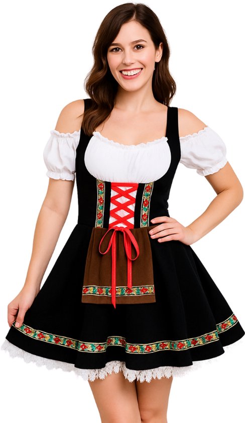 Joya Party® Oktoberfest Dirndl Jurk Dames | Sexy Bierfeest Outfit met Kant en Rits | Tiroler Jurk | Verkleedjurk voor Carnaval & Halloween Vrouwen | Maat L