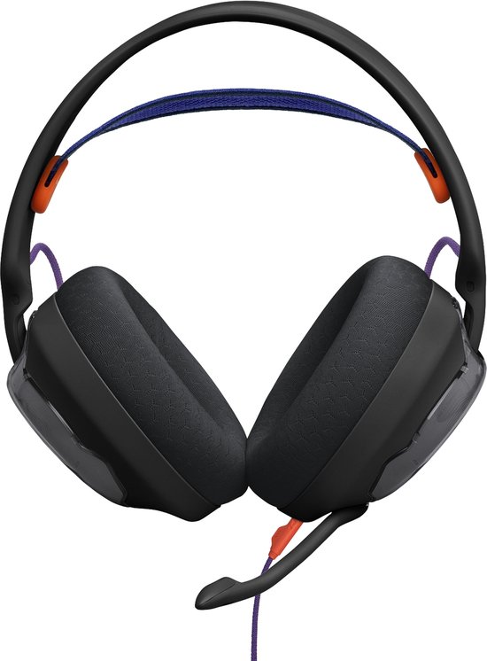 Zwarte over-ear gaming headset met een paarse band en oranje details. Grote zwarte oorschelpen met een hexagon patroon.