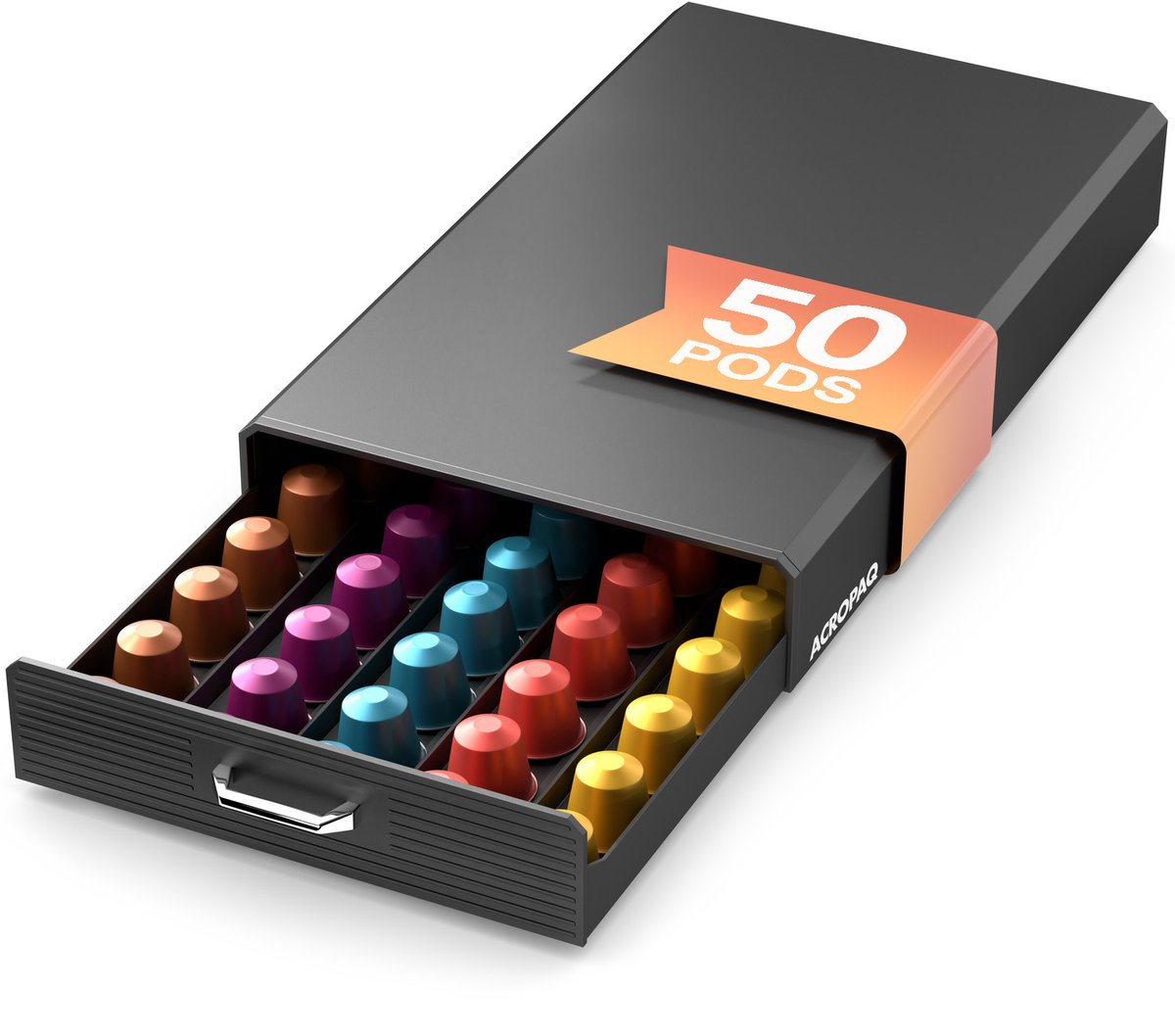 ACROPAQ Capsulehouder - Ruimte voor 50 Espresso Cups, Geschikt voor Nespresso, Lavazza, Bialetti - Lade Organizer voor Keuken & Kantoor, Zwart - Capsulehouder met lade, Capsulehouders