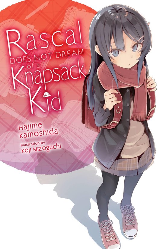 Een anime-meisje met een roze sjaal, bruine jas en rugzak, met de titel "Rascal Does Not Dream of a Knapsack Kid".