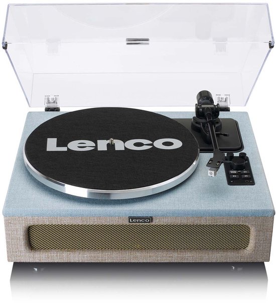 Lenco platenspeler met zwarte plaat, blauw stoffen behuizing en gele speakergrille. De kap is omhoog geklapt.