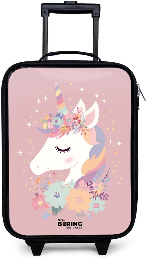 NoBoringSuitcases.com® - Valise enfant fille - Valise trolley enfant fille - Licorne - Rose - Fleurs - Valise légère pour enfant - Valise trolley de voyage pour enfant - Valise à roulettes lumineuses - Valise trolley noire