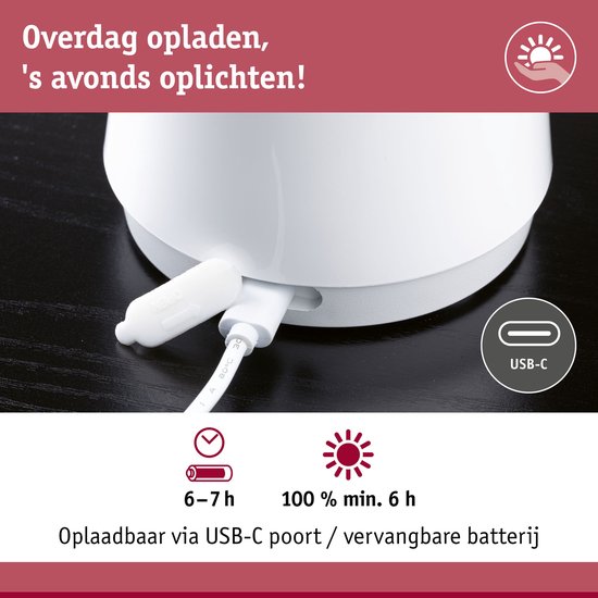 Paulmann Onzo - Lampe de table - mobile - IP44 - 2700K - 3stepdim - USBC - blanc - plastique