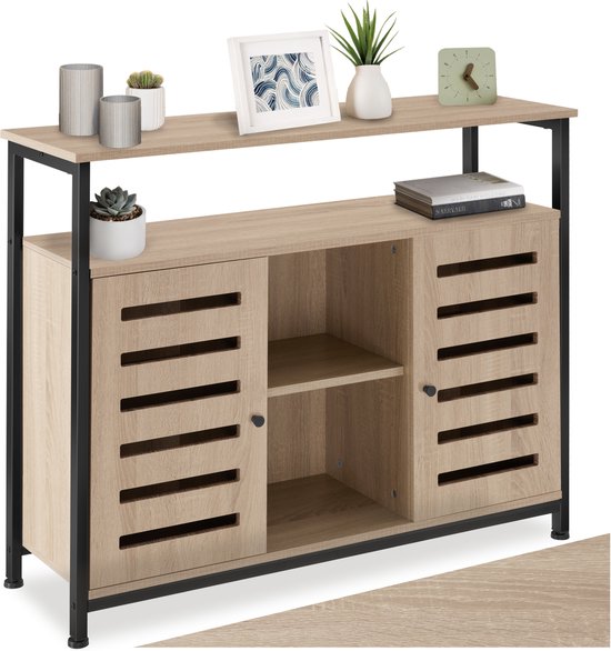 tectake® Dressoir - Wandkast met 2 deuren en open planken - Houten keukenkast - Industrieel design - Bijzettafel met plank - Zwart metalen frame - Afmeting (LxBxH) 100 x 37 x 82 cm - Lichtbruin