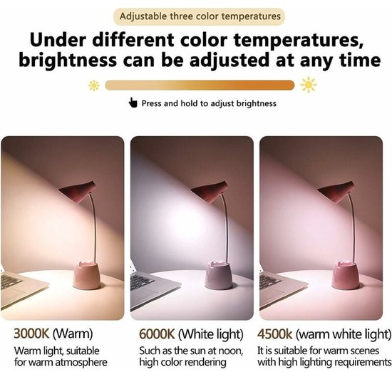 Bureaulamp, LED-tafellamp met 3 verlichtingsstanden en aanraaksensor, 360° draaibaar en dimbaar, geschikt voor lezen, studeren en werken (Wit) — afbeelding 5