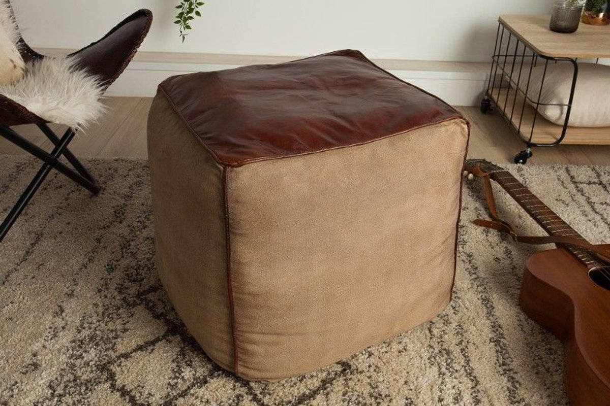 Retro poef MUSTANG lederen bekleding 45cm met linnen zitkubus - 39525