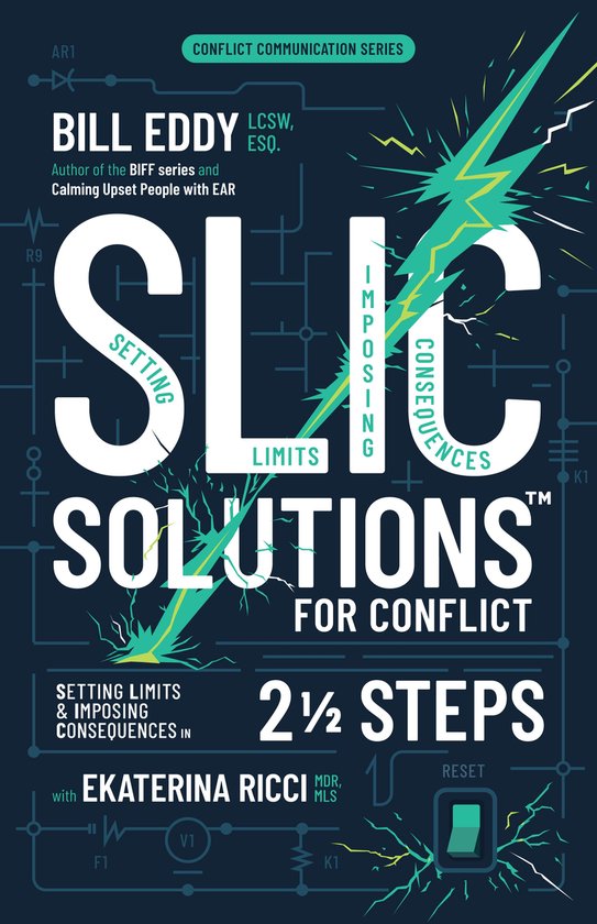 Couverture de livre avec le titre 'SLIC Solutions for Conflict' en gros caractères, illustrée d'un éclair et de circuits électriques.