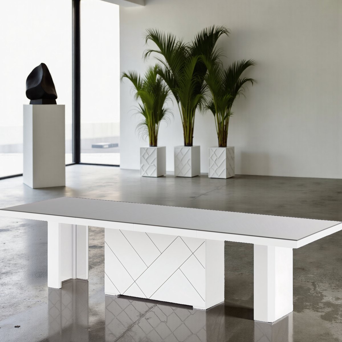 Tregarvan Luxe Uitschuifbare Eettafel – Hoogglans Grijs & Wit – 180-468 cm – Grote Design Tafel voor 12 Personen – Stevig & Stijlvol – Moderne Uitschuifbare Tafel ganeey