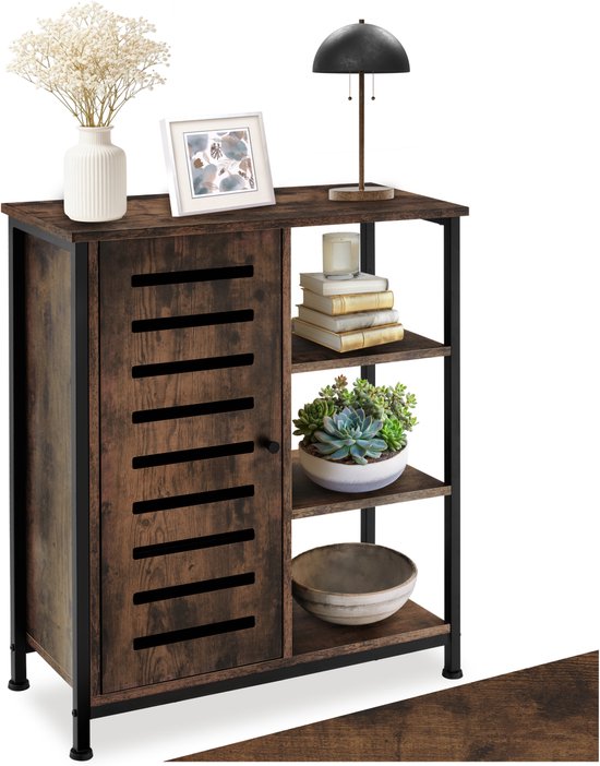 tectake® Dressoir wandkast met 3 vakken en kastvak - Industrieel design - Houten ladekast voor woonkamer, hal, keuken, badkamer - Afmeting (LxBxH) 71 x 32 x 82 cm - Zwart metalen frame - Deur links - Donkerbruin