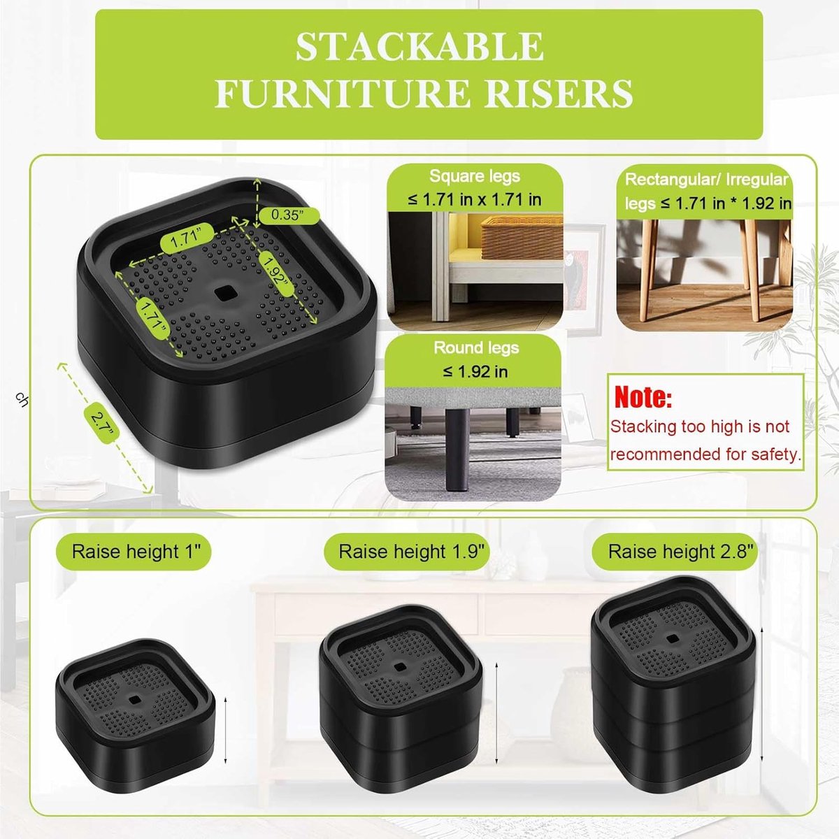 12 stuks bedbeenverhoger 3,5 cm, stapelbare stoel- en tafelbeenverlengers, bankverhogers, meubelverhogingen, ondersteunt diameter 1,97 inch, voor bedden, tafels, bureaus 12 stuks bedbeenverhoger 3,5 cm, stapelbare stoel- en tafelbeenverlengers, bankverhogers, meubelverhogingen, ondersteunt diameter 1,97 inch, voor bedden, tafels, bureaus