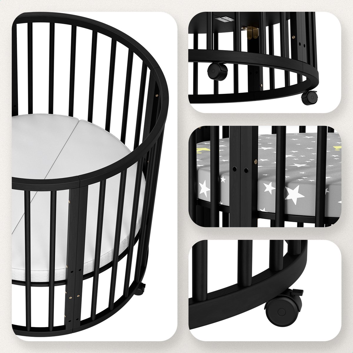 Flowsense Baby Box – Ronde Speelbox - Grondbox - Kinderbox - Playpen – Met Matras – Verstelbare Hoogtes – Wielen - Zwart – foto 3