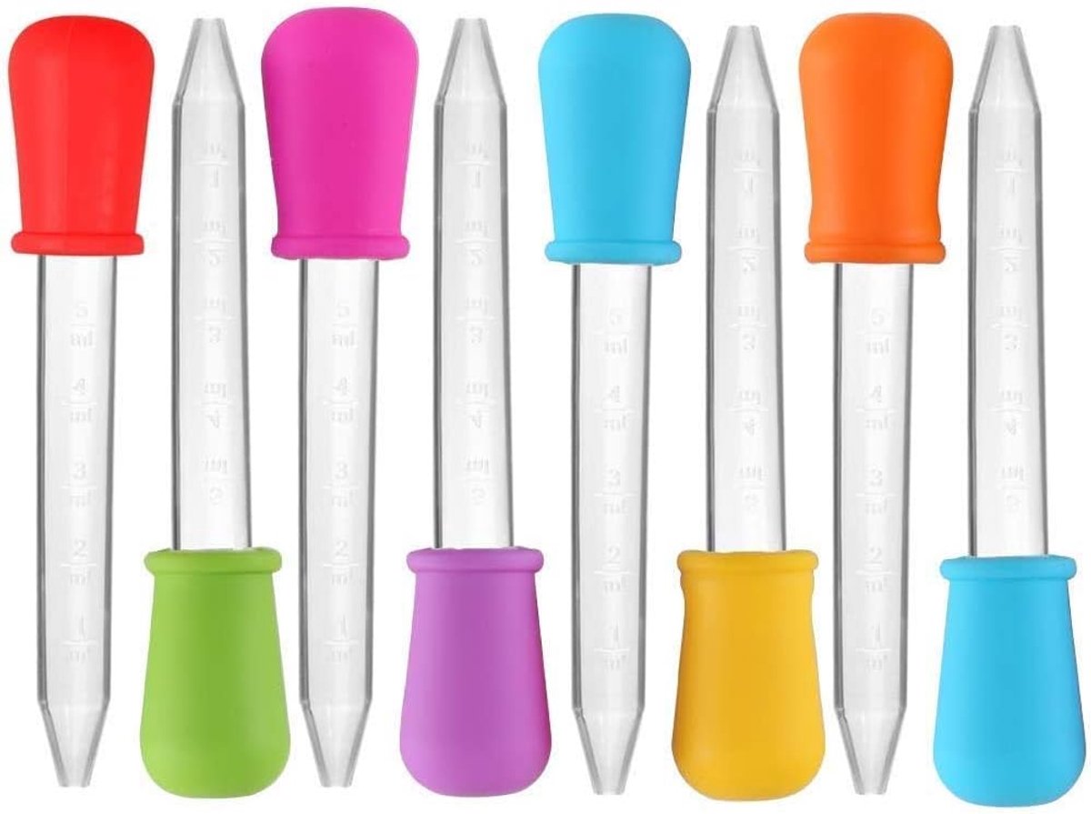 Image of 8-pack siliconen vloeistofdruppelaars, 5 ml, voor heldere vloeistoffen en drankjes, met bolvormige tips, geschikt voor kinderen, en snoepvormen