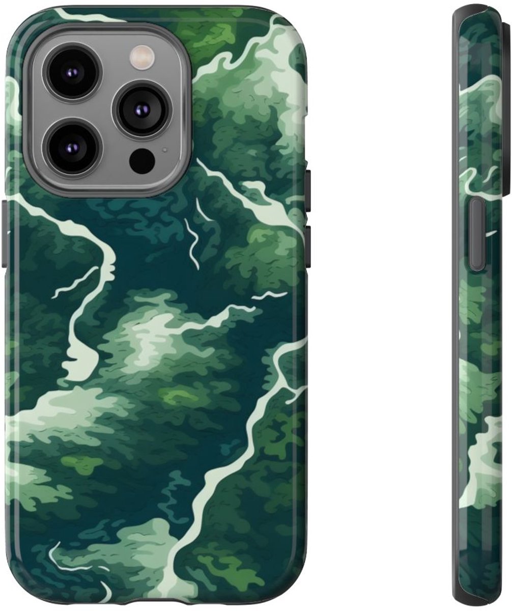 Abstracte Groene Rivier en Bospatroon – Telefoonhoesje Geschikt voor iPhone 14 Pro