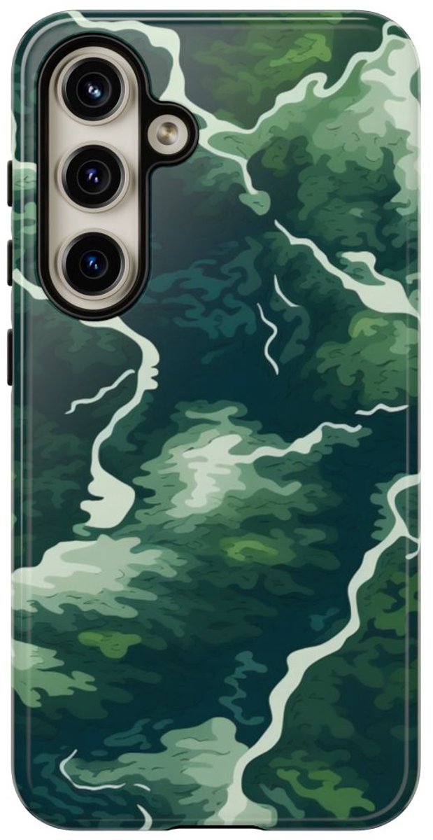 Abstracte Groene Rivier en Bospatroon – Telefoonhoesje Geschikt voor Samsung Galaxy S24