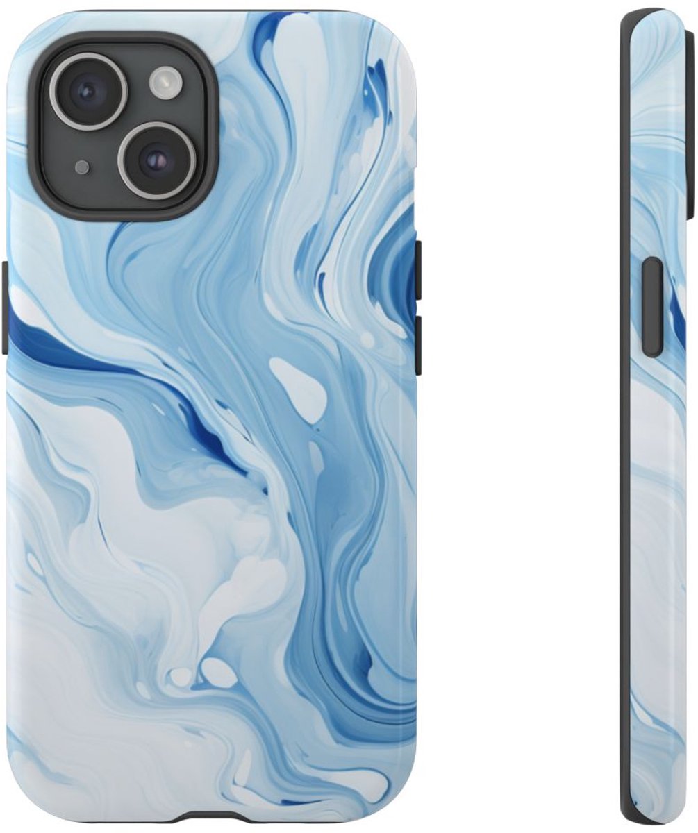 Blauw-Witte Marmerwerveling – Telefoonhoesje Geschikt voor iPhone 15