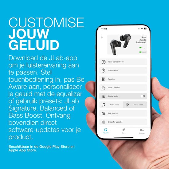 JLab Jbuds Pods ANC Oortjes Draadloos – 56 Uur Speeltijd – Draadloze Oordopjes - Bluetooth Multipoint – Hybrid Active Noise Cancelling Oortjes – Aanpasbare Equalizer Instellingen EQ4 – Fast Charging Case Met Ingebouwde Oplaadkabel - Zwart