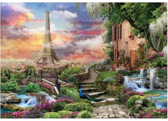 Panorama van Parijs bij zonsondergang met de Eiffeltoren, een huisje, watervallen, bloemen en een pauw.