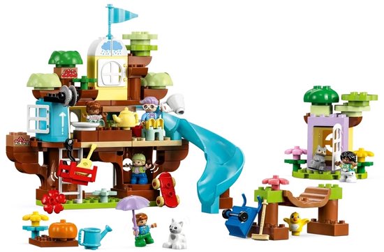 LEGO DUPLO 3in1 Boomhut speelset met glijbaan, figuurtjes en accessoires.