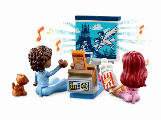 Lego Friends speelset met minipoppetjes, hondje, popcorn en scherm met film.