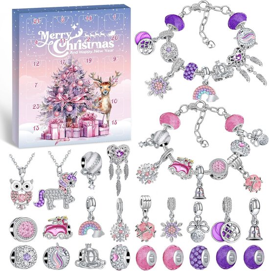 Adventskalender 2025 vrouw-24-daagse DIY Adventskalender Leuke Kinder Countdown Kristallen Armband-Adventskalender 2025-Kerstcadeautjes voor meisjes en kinderen - DIY-maakset - met feestartikelen-prachtige verpakking