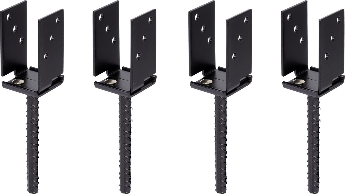 Alberts 4 x U-paaldrager, Breite 71 - 131 mm, hoogte 110 mm, Riffelstahl-betonanker 200 mm, verzinkt, zwart kunststofgecoat, voor inbetonneren