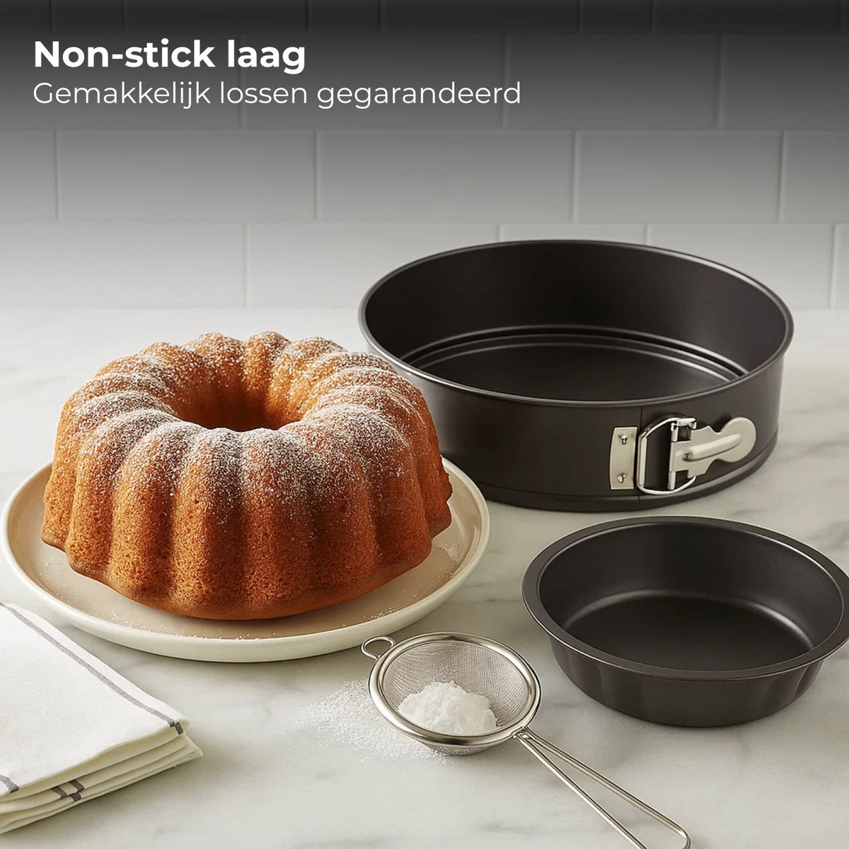 Lomera Bakvorm Set - Springvorm En Tulbandvorm - Koolstofstaal Materiaal - Non-Stick Coating - Krasvast - Chocolade Kleur - Taupe Kleur - Cakevorm - Taartvorm - Quichevorm - Tulbandvorm - Springvorm – foto 4