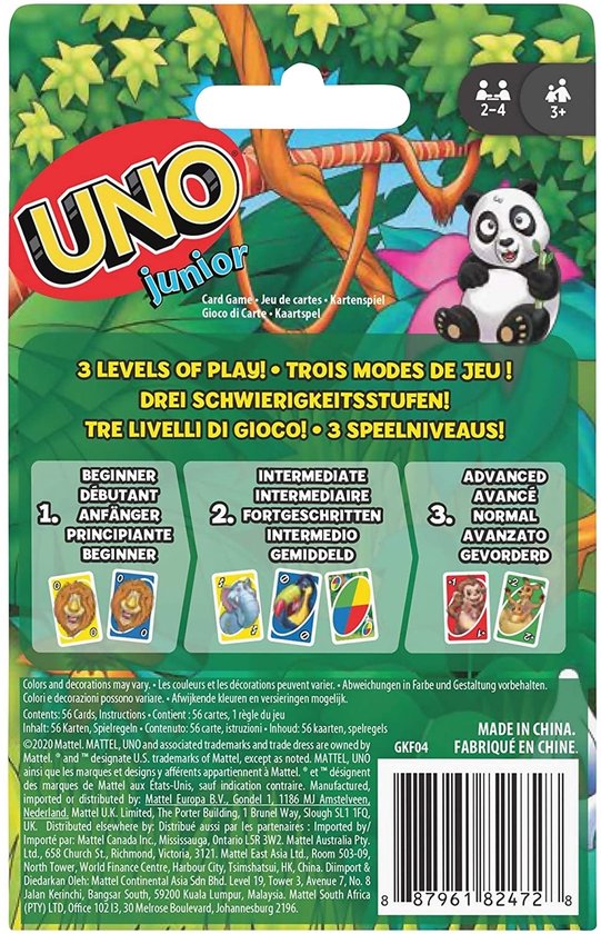Achterkant doosje UNO Junior met uitleg over spel niveaus: beginner, intermediate, advanced.