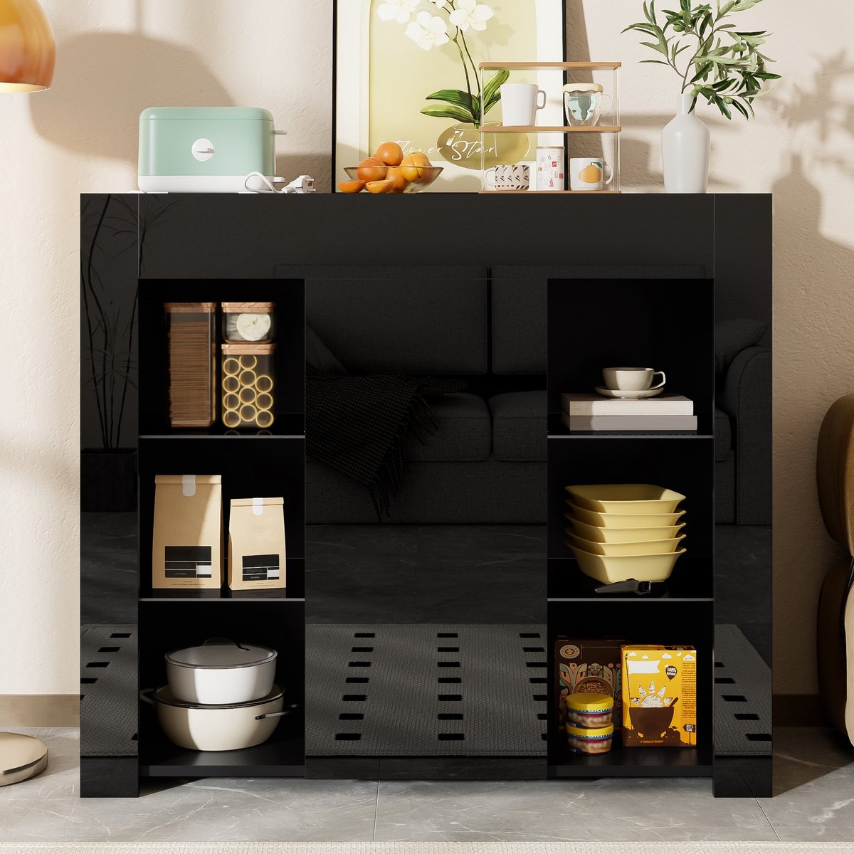 PHOEBE CAT Dressoir - Hoogglans - Glazen planken - 95x35x83 cm - Zwart